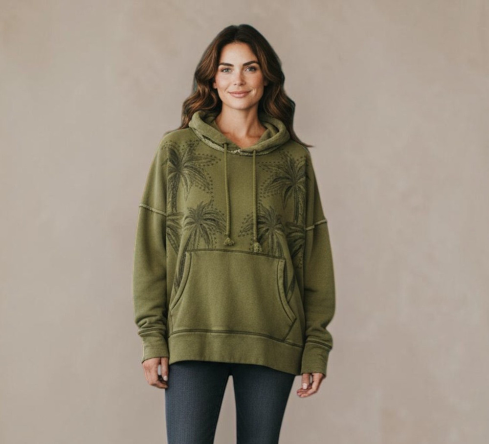 Free People Palm Springs Womens XL Green Oversized Embroidered Hoodie Cutouts